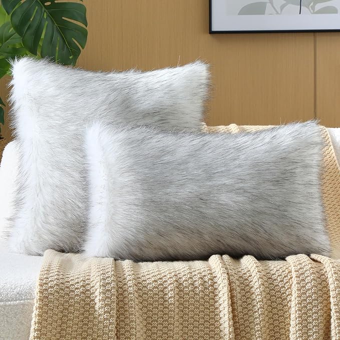 FUTEI Black White Decorative Throw Pillow Covers 20x20 Inch Set of 2,Soft Fluffy Faux Fox Fur Textured Cushion Case,Modern Home Decor for Couch Living Room
