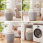 OIAHOMY Laundry Hamper Woven Cotton Rope Large Clothes Hamper 25.6" Height Modern Curve Basket with Extended Cotton Handles for Storage Clothes Toys in Bedroom, Bathroom, Foldable (White & light grey)