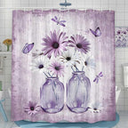 Rustic Farmhouse Purple Floral Shower Curtain, Violet Daisy Flowers Butterfly Dragonfly on Abstract Aesthetic Country Wooden Boho Shower Curtain Set, White Bathroom Accessory Sets with Hooks, 36X70