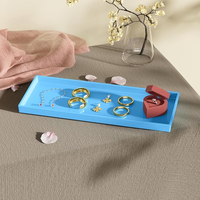 Vanity and Bathroom Tray, 15" ABS Countertop Organizer,Waterproof Vanity Tray for Toilet Tank,Perfume,Soap,Keys,Bathroom Accessories,Kitchen and Bath Trays,Non Slip Small Trays,Blue