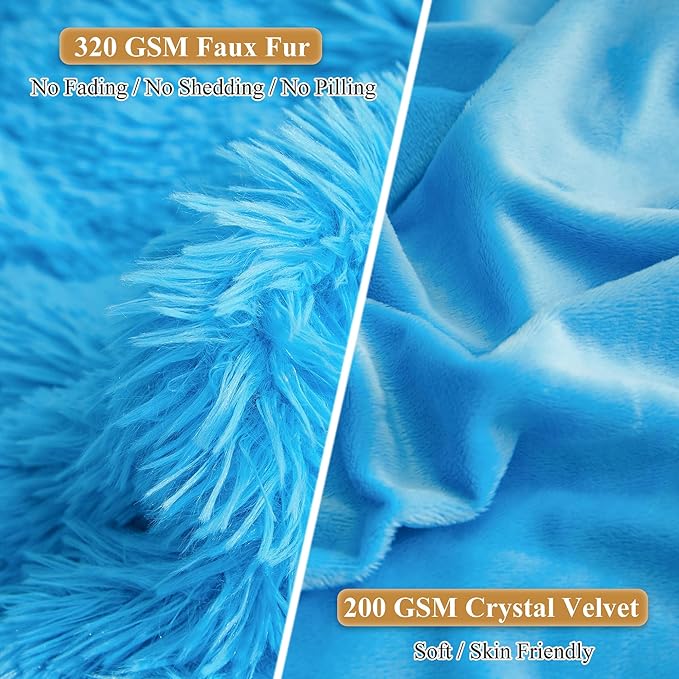 XeGe Faux Fur Fluffy Pillow Cases, Soft Plush Shaggy Furry Blue Pillowcases, Velvet Fuzzy Decorative Throw Pillow Covers for Bed Couch, Zipper Closure, Set of 2(Standard Size, Blue)