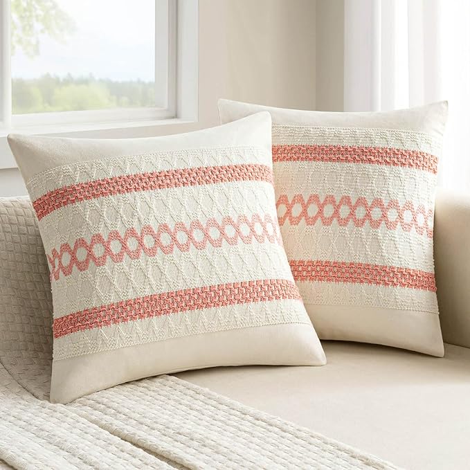 MIULEE Set of 2 Coral Red Boho Decorative Pillow Covers 18x18 Inch Farmhouse Rustic Couch Throw Pillows Modern Summer Cotton Cushion Covers Retro Cute Macrame Woven Home Decor for Bed Sofa Chair