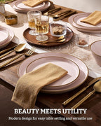 Famiware Saturn Dinnerware Sets, Plates and Bowls Sets for 4, 12 Pieces Stoneware Dish Set - Chip and Scratch Resistant, Microwave and Dishwasher Safe Tableware Set, Light Pink with Rim