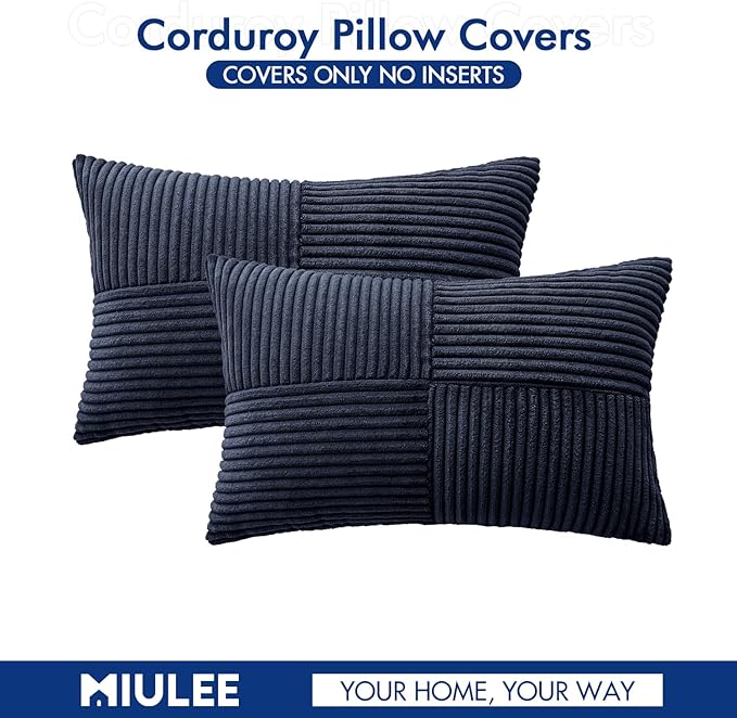 MIULEE Dark Blue Corduroy Pillow Covers Pack of 2 Boho Decorative Spliced Throw Pillow Covers Soft Solid Couch Pillowcases Cross Patchwork Textured Cushion Covers for Living Room Bed Sofa 12x20 inch