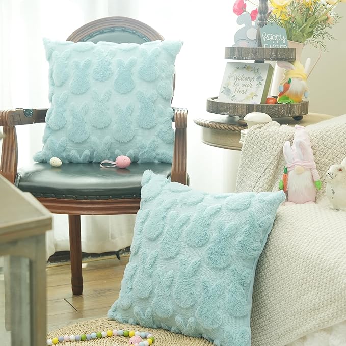 GEEORY Easter Bunny Soft Plush Pillow Covers, 18 x 18 Inch Set of 2, Fluffy Faux Fur Wool Decorative Farmhouse Cushion Case for Sofa Home Decoration Blue GC014-18