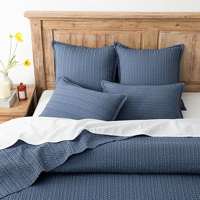 Foindtower Set of 2 Decorative Cotton Waffle Weave Throw Pillow Covers Euro Shams Cushion Covers Accent European Pillowcase for Bed Couch Sofa Bedroom Living Room Home Decor 26×26 Inch Blue