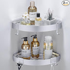 Adhesive Corner Shower Caddy with Hooks,Bathroom Shower Organizer, No Drilling Rust Proof Aluminum Shower Shelf for Inside Shower 2 Pack (Silver)
