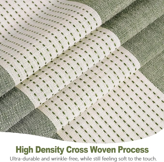 Boho Farmhouse Heavyweight Shower Curtain with Tassels, 350GSM Cotton Linen Woven Fabric Shower Curtain Striped, Sage Green Natural Country Bathroom Curtain Water Repellent