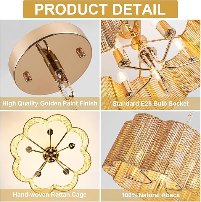 5-Light 19.6'' 2-in-1 Linear-Woven Rattan Ceiling Light - Convertible Flush Mount/Pendant for Kitchen Island & Dining Room, Dimmable with Adjustable Chain + Rod
