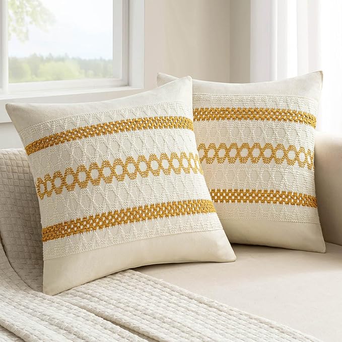 MIULEE Set of 2 Mustard Yellow Boho Decorative Pillow Covers 16x16 Inch Farmhouse Rustic Couch Throw Pillows Modern Cotton Cushion Covers Retro Cute Macrame Woven Home Decor for Bed Sofa Chair