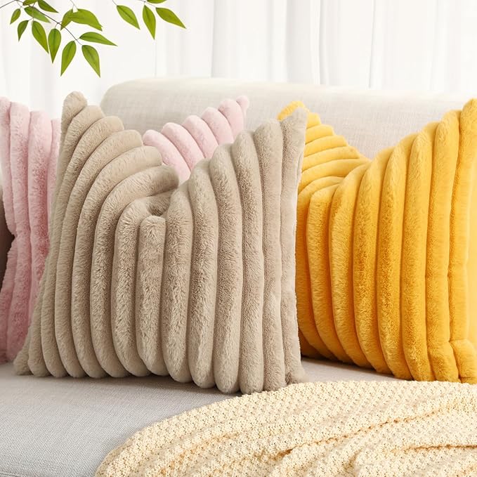 decorUhome Faux Fur Throw Pillow Covers 16x16 Set of 2, Decorative Soft Plush Striped Neutral Couch Euro Pillow Covers with Velvet Back for Sofa, Bed, Living Room Home Decor, Mustard Yellow