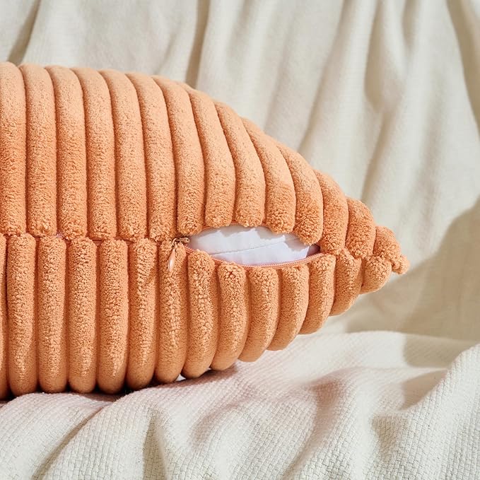 Fancy Homi Set of 2 Orange Fall Decorative Throw Pillow Covers 18x18 Inch for Couch Bed Sofa, Autumn Halloween Thanksgiving Decor, Soft Plush Thick Striped Corduroy Cute Aesthetic Home Decor 45x45cm