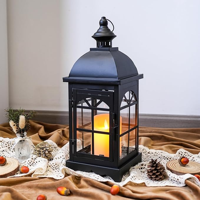 TRIROCKS Decorative Vintage Candle Lanterns 14.5" H Farmhouse Outdoor Hanging Lanterns with Tempered Glass for Porch, Balcony, Patio, Home, Centerpieces, Indoor, Outdoor(Black)
