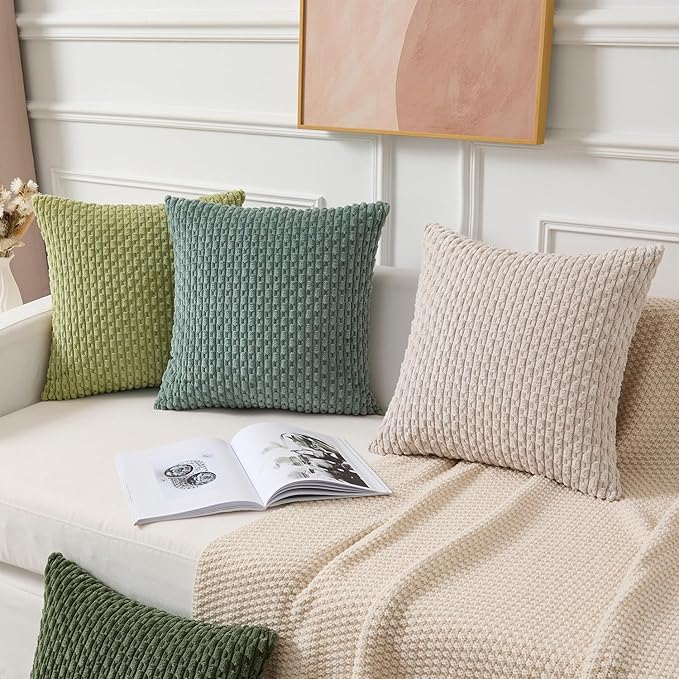 Kevin Textile Decorative Pillow Covers Set of 2 Striped Plush Corduroy Pillows Pillowcases Boho Home Decor Cushion Covers for Couch Sofa Bed Living Room 20x20 Inch, Teal Green
