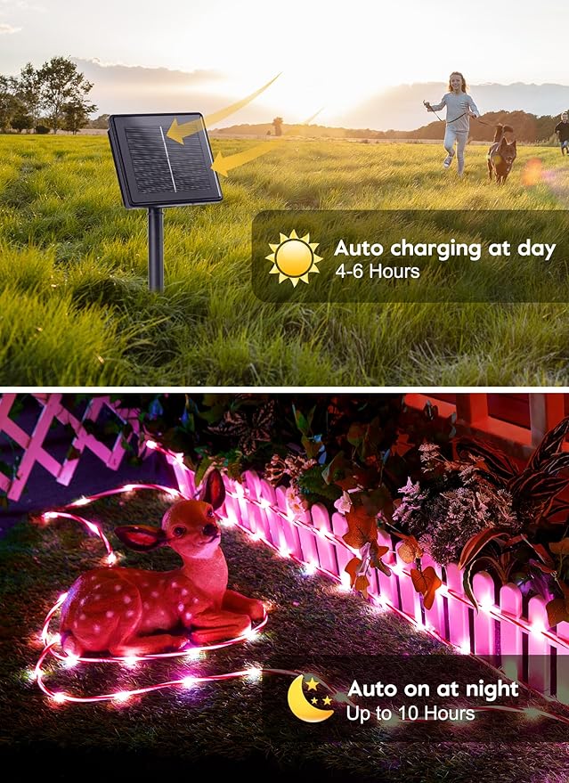 Brightown Outdoor ‎Solar Christmas Lights, 39FT 200LED Solar Rope Light Waterproof Outdoor Christmas Decorations for Party Garden Yard Home Xmas Halloween Holiday Tree Decoration Light, Candy Color