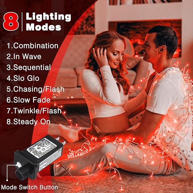 66FT 200 LED Christmas Lights Outdoor, Plug in Christmas String Lights Indoor, Waterproof & 8 Modes & Timer Function, Connectable Fairy Twinkle Light for House Bedroom Wedding Party Decor, Red