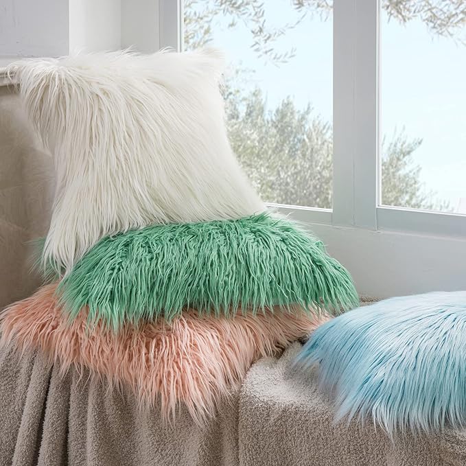 Phantoscope Pack of 2 Faux Fur Solid Throw Decorative Pillow Cover Cushion Covers Luxury Soft Decorative Pillowcase Fuzzy Pillow Covers for Bed/Couch,Light Blue 20 x 20 Inches