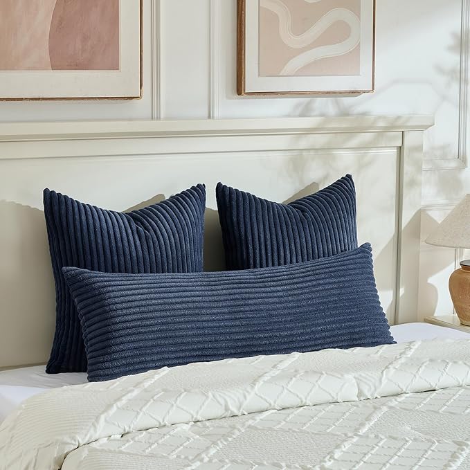 Fancy Homi Set of 2 Navy Blue Boho Decorative Throw Pillow Covers 22x22 Inch for Couch Bed Sofa, Aesthetic Modern Bohemian Room Decor, Soft Fuzzy Fluffy Cozy Corduroy Textured Cushion Case 55x55cm