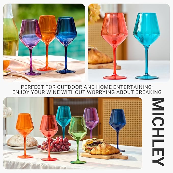 MICHLEY Colored Wine Glasses Set of 6 Long Stem Red White Tritan-Plastic Glassware Gift 15oz for Outdoor Home Party, Purple