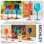 MICHLEY Colored Wine Glasses Set of 6 Long Stem Red White Tritan-Plastic Glassware Gift 15oz for Outdoor Home Party, Lake Blue