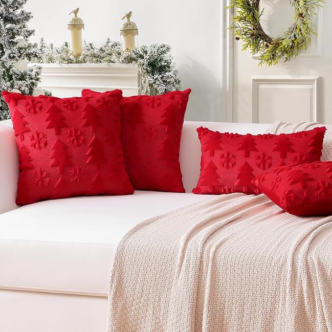 OTOSTAR Set of 2 Xmas Soft Plush Short Wool Velvet Decorative Throw Pillow Covers Square Luxury Style Cushion Case Pillow Shell for Sofa Bedroom Tree and Snowflake Red, 20x20 Inch