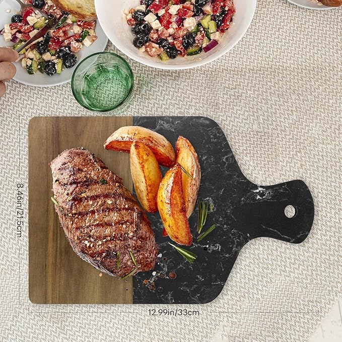 Marble Cutting Board, Charcuterie Board with Handle, Marble and Acacia Tray for steak, cheese, hamburgers and biscuits, Great for gifts (black)