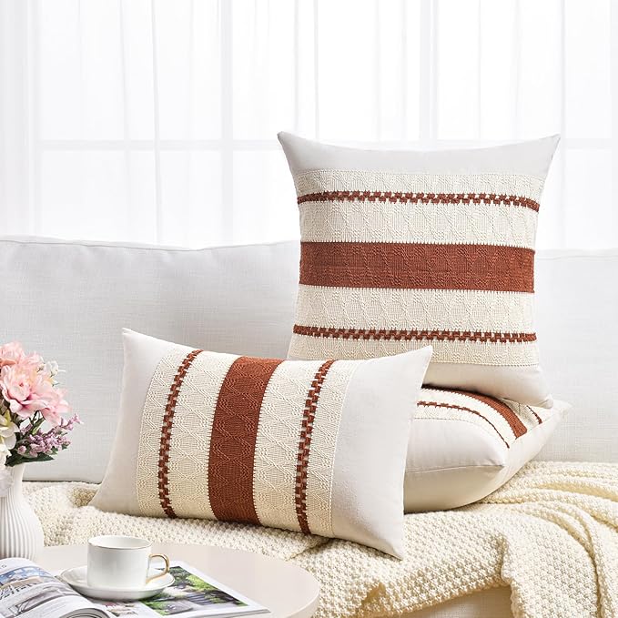 Fancy Homi Set of 2 Rust Boho Big Decorative Throw Pillow Covers 24x24 Inch for Couch Bed Sofa, Aesthetic Modern Organic Fall Room Decor, Soft Cotton Terracotta Textured Farmhouse Cushion Case