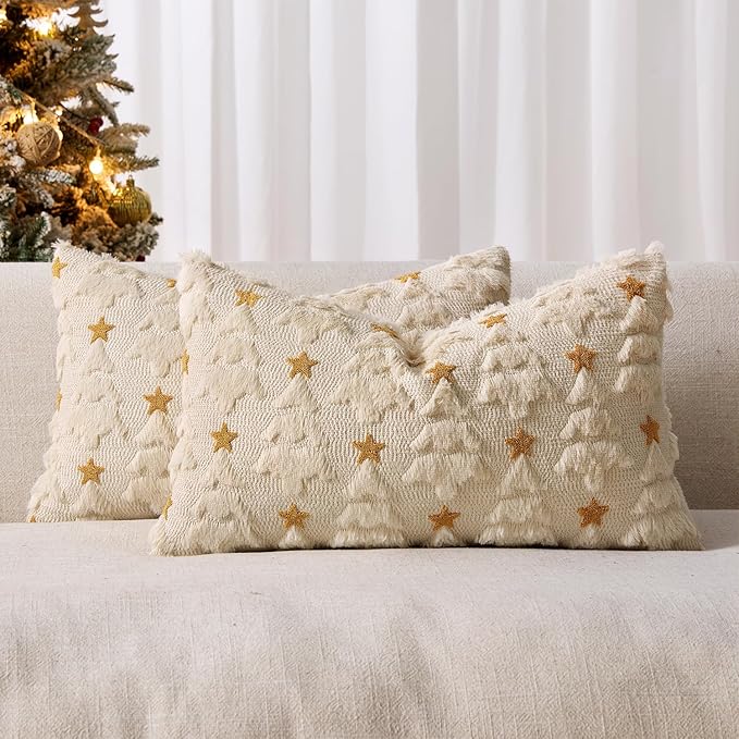 MIULEE Christmas Pillow Covers 12x20 Inch Set of 2, Beige Christmas Tree Plush Faux Fur Pillowcases Soft Decorative Throw Pillow Cases for Couch Sofa Living Room Winter Xmas Holiday Home Decor