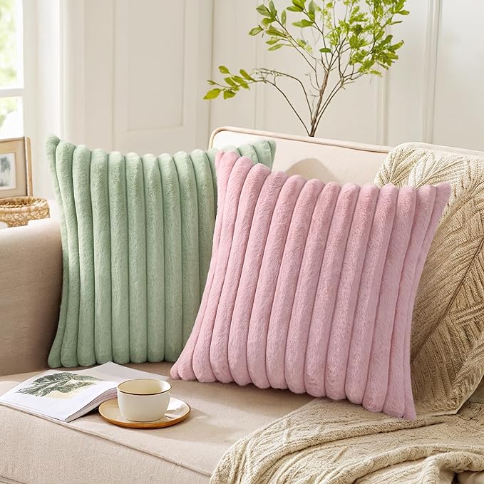 Pallene Faux Fur Plush Throw Pillow Covers 16x16 Set of 2, Luxury Soft Fluffy Striped Decorative Pillow Covers for Sofa, Couch, Living Room, Sage Green