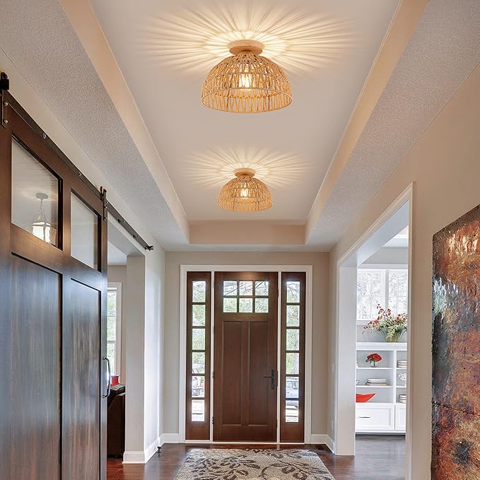 Boho Rattan Ceiling Light Fixtures Boho Lamp Shade Flush Mount Ceiling Light Hand-Woven Small Chandelier Wooden Base Chandelier Light for Hallway Bedroom Kitchen Nursery