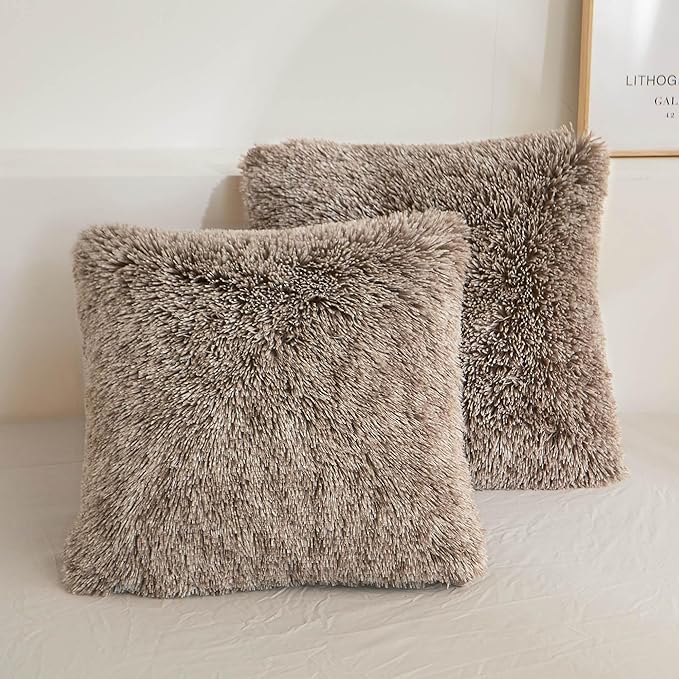 XeGe 2 Pieces Faux Fur Throw Pillow Covers, Shaggy Fluffy Cushion Covers, Cute Fuzzy Decorative Pillow Covers, Plush Furry Velvet Pillowcases for Bed Couch Living Room (18''x18'', Khaki Ombre)