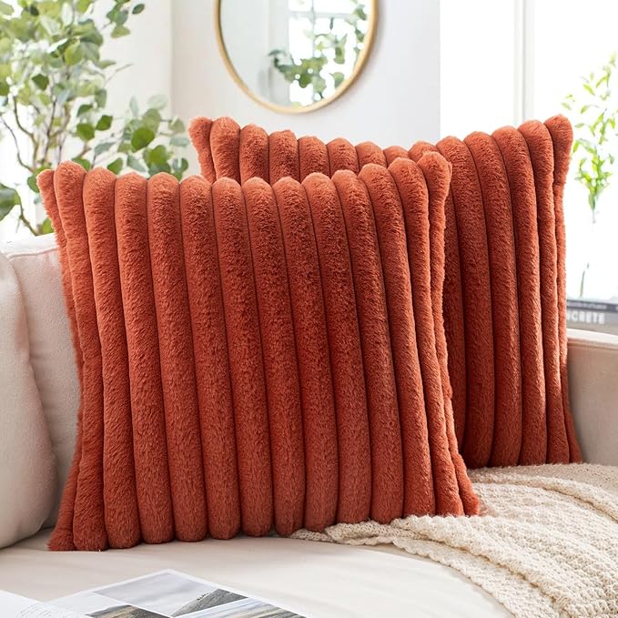 MIULEE Fall Faux Fur Decorative Throw Pillow Covers 16x16 Inch Set of 2, Retro Vintage Boho Home Decor Soft Plush Couch Pillows Cozy Fluffy Cushion Covers for Sofa Bed Rust