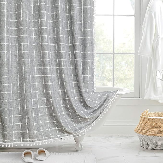 MitoVilla Boho Farmhouse Shower Curtain Set 72 x 78, Tan Brown 78 inch Long Polyester Linen Tassel Fabric Shower Curtain Set for Chic Cottagecore French Rustic Bathroom Decor