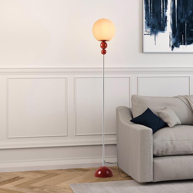 Modern Glass Floor Lamp for Bedroom, 63'' Vintage Mid-Century Floor Lamp with Milky White Frosted Glass Globe Shade for Living Room Corner, Slim Standing Reading Lamp for Office Decor (Dark Red)