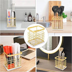 HarJue Toothbrush Holder, Luxurious Metal Toothbrush Toothpaste Holder with Marble Base for Bathroom, Multi-Slots Openwork Design, Bathroom Accessory for Storage and Organizer (Small, Gold)