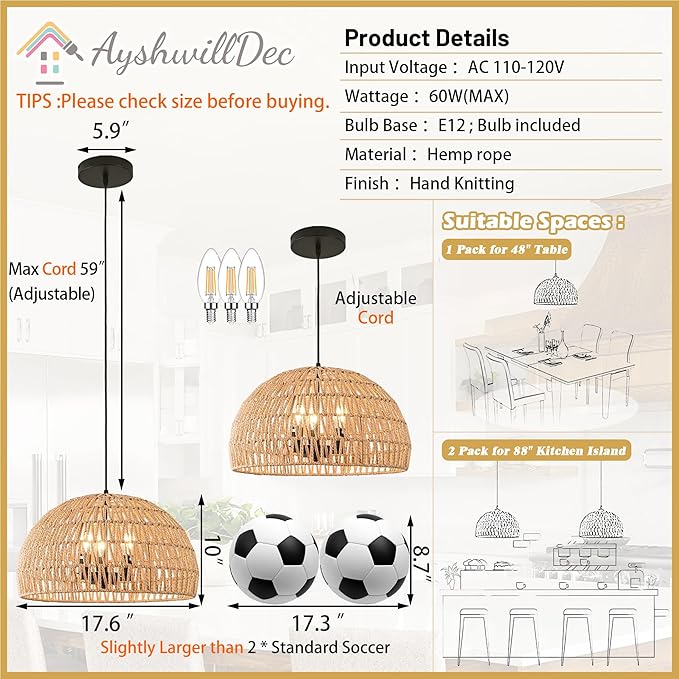 17.6 inch Hemp Rope Woven Pendant Light Wicker Pendant Light 3-light Rattan Light Fixture Boho Chandelier Farmhouse Chandelier Dome Pendants Light for Dining Room Bedroom Kitchen(Bulb Incl