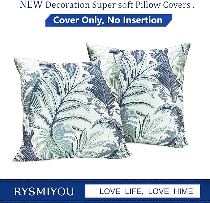 Decorative Throw Pillow Covers Set of 2 Blue Green Large Leaves Pillow Covers 16x16 inch Soft Short Plush Square Floral Throw Pillows,Farmhouse Outdoor Pillow Covers for Couch Living Room