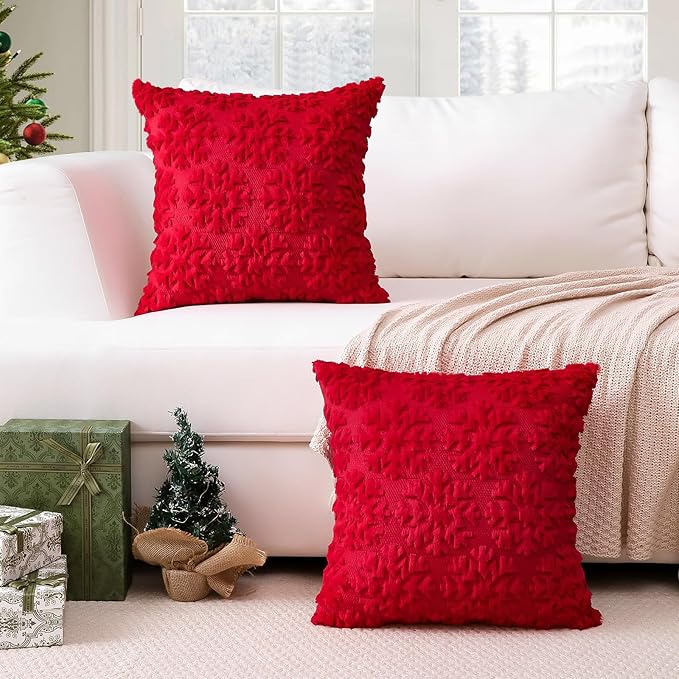 OTOSTAR Set of 2 Xmas Soft Plush Short Wool Velvet Decorative Throw Pillow Covers Square Luxury Style Cushion Case Pillow Shell for Sofa Bedroom Snowflake Red, 18x18 Inch