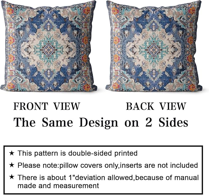 Snycler Boho Throw Pillow Covers 24x24 inch Set of 2 Boho Rug Carpet Double Sided Pattern Cotton Soft Pillow Case Cushion Cover Pillowcase for Couch Sofa Bed Decorative (Blue)