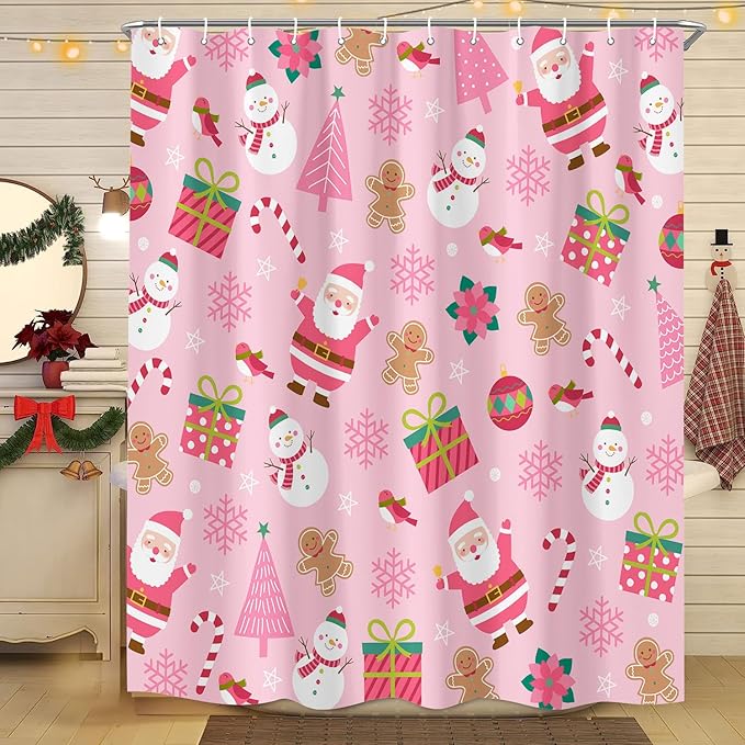 Pink Christmas Shower Curtain, Cartoon Santa Claus Snowman Penguin Pine Fir Tree Socks Xmas Pattern Winter Holiday Shower Curtain Bathroom Decor, Durable Fabric Machine Washable with Hooks, 72 x 72 In
