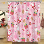 Pink Christmas Shower Curtain, Cartoon Santa Claus Snowman Penguin Pine Fir Tree Socks Xmas Pattern Winter Holiday Shower Curtain Bathroom Decor, Durable Fabric Machine Washable with Hooks, 72 x 72 In