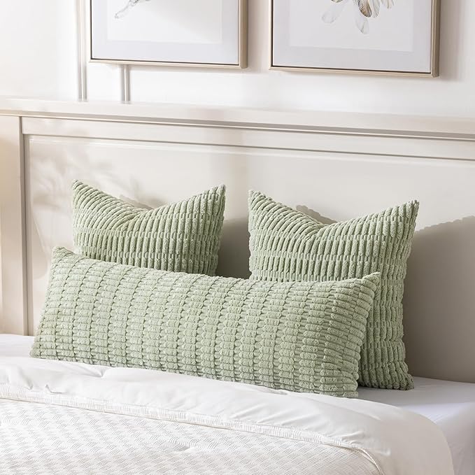 Fancy Homi Sage Green Long Lumbar Decorative Throw Pillow Covers 20x54 Inch for Bed Couch Bedroom, Soft Corduroy Rectangle Solid Cushion Case 50x137 cm, Rustic Farmhouse Boho Room Decor