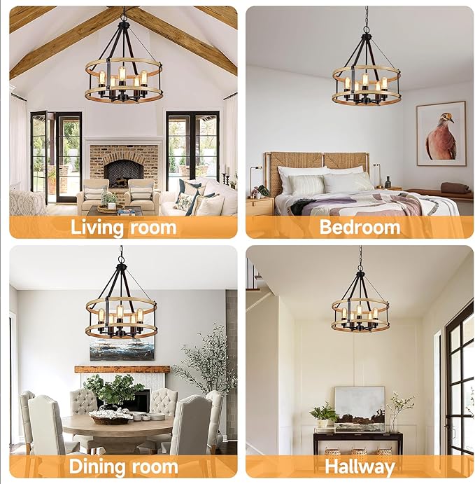 5-Light Farmhouse Chandelier, 17.7 Inch Rustic Black and Vintage Wood Finish Chandeliers for Dining Room Light Fixture, Adjustable Height Hanging Light for Kitchen Island, Entryway, Living Room