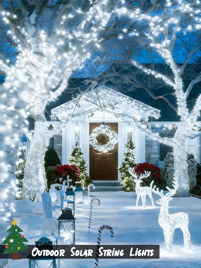 6 Pack Christmas Solar String Lights Outdoor Waterproof, 198FT 600 LED Green Wire Solar Fairy Lights with 8 Modes, Solar Twinkle Lights for Garden Tree Patio Fence Christmas Decorations (Cool White)