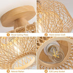 13" Boho Rattan Ceiling Light Fixture - Hand-Woven Natural Bamboo & Wood, Flush Mount Farmhouse Lighting for Bedroom, Living Room, Hallway, Kitchen, Entryway (Gold Finish, E26 Base)