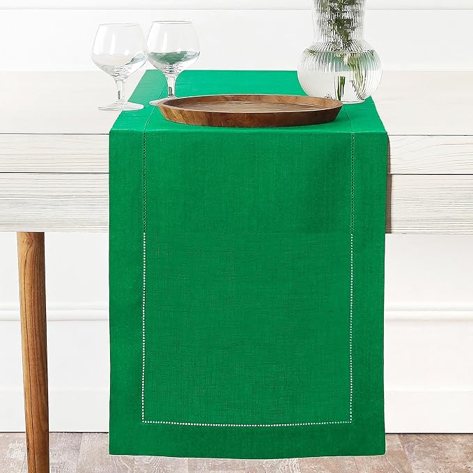 D'Moksha Homes Linen Kelly Green Table Runner 84 Inches Long - 100% Pure Linen Table Runner 14 x 84 Inch for Fall, Autumn and Halloween - Classic Hemstitch