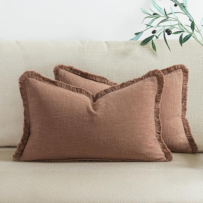 Woaboy Decorative Linen Fringe Throw Pillow Covers Boho Farmhouse Soft Lumbar Cushion Covers Accent Pillowcases with Tassels for Living Room Couch Sofa Bed Chair,12x20 Inch Set of 2,Rust Brick