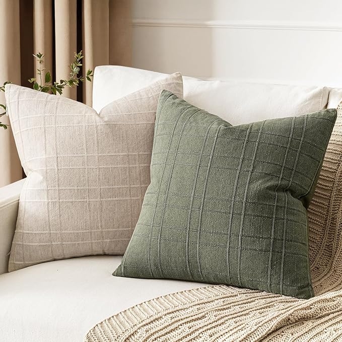 MIULEE Decorative Linen Check Throw Pillow Covers Neutral Farmhouse Vintage Pillow Covers 18x18 Set of 2 Boho Modern Home Decor for Sofa Couch Bedroom Cushion Olive Green