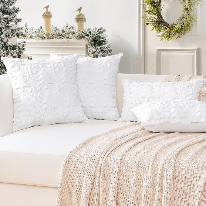 OTOSTAR Set of 2 Xmas Soft Plush Short Wool Velvet Decorative Throw Pillow Covers Rectangular Luxury Style Cushion Case Pillow Shell for Sofa Bedroom Tree and Snowflake White, 16x24 Inch