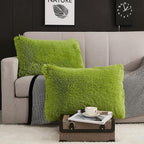WERDIM Shaggy Fluffy Faux Fur Pillowcases 2 Pack Button Closure Velvet Pillow Shams Standard/Queen Size (Apple Green, 20 X 26 Inches)